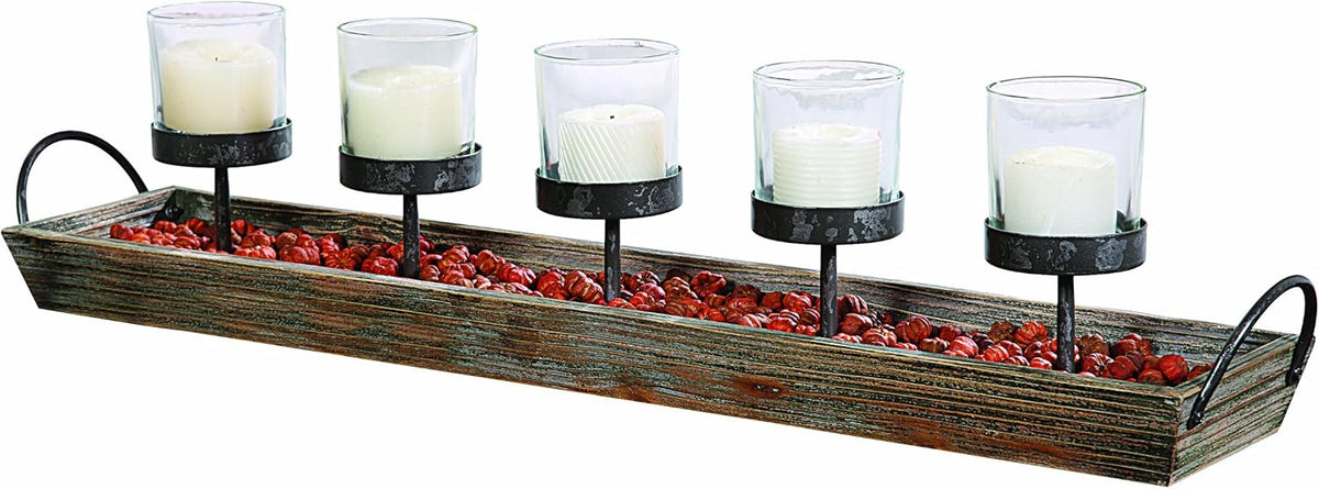 White Metal Rectangle Wood Tray with Handles Votive Holder F58616