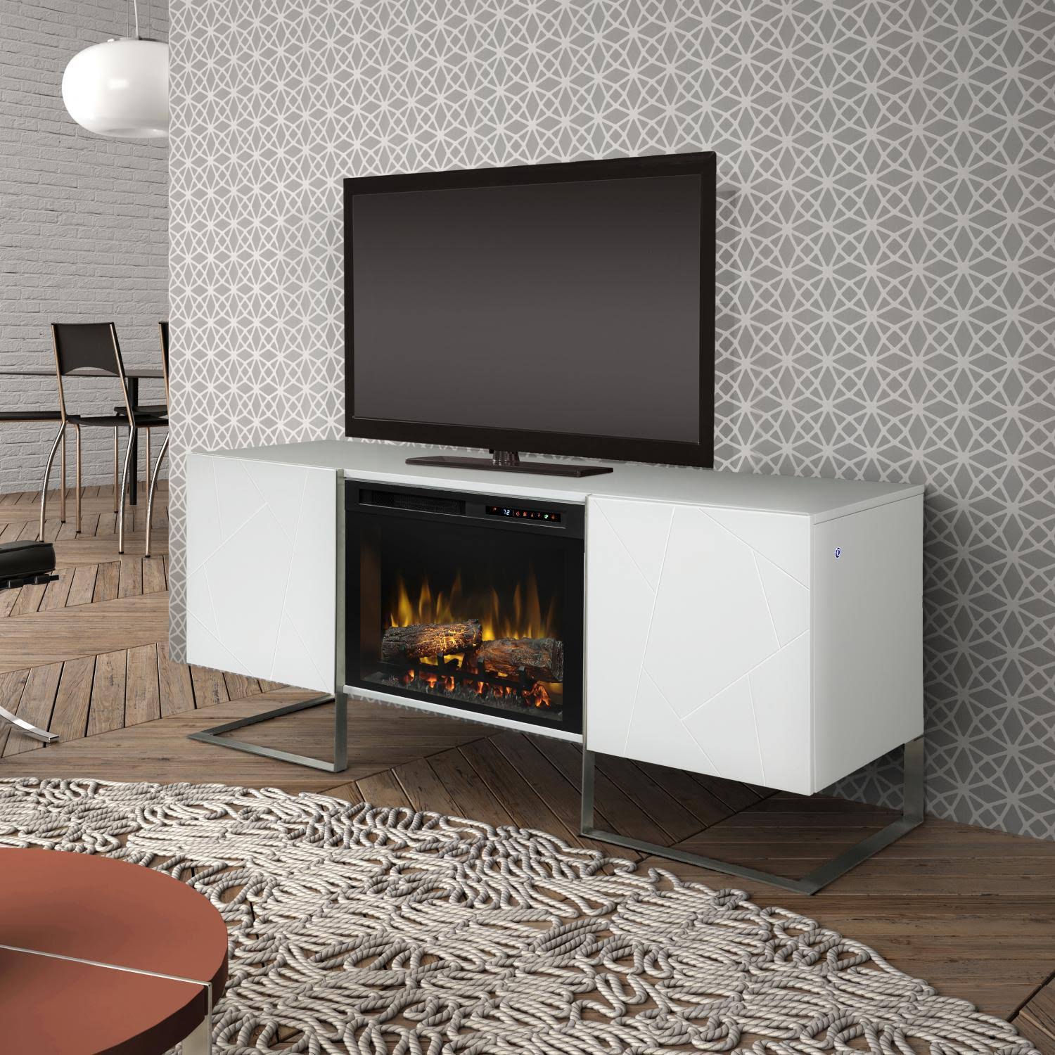 Gloss White Media Console Fireplace with Logs W896020