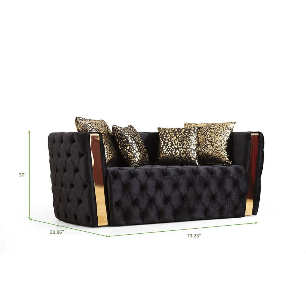 Black Velvet Tufted Loveseat with Gold Accent X600192