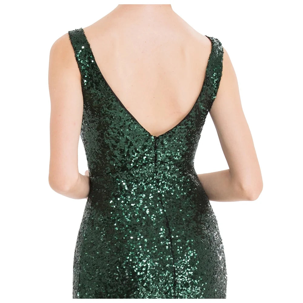 Green Gold V Neck Sequin Mother of Bride Dresses B4691