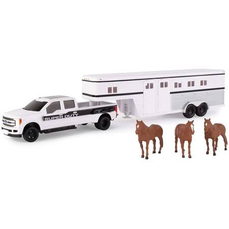 White F-350 Pickup Truck with Horse Trailer and Horses (1:32 Scale) T259018