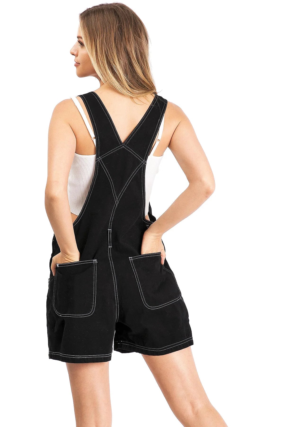 Black/White Stitch Twill Short Overalls E4613