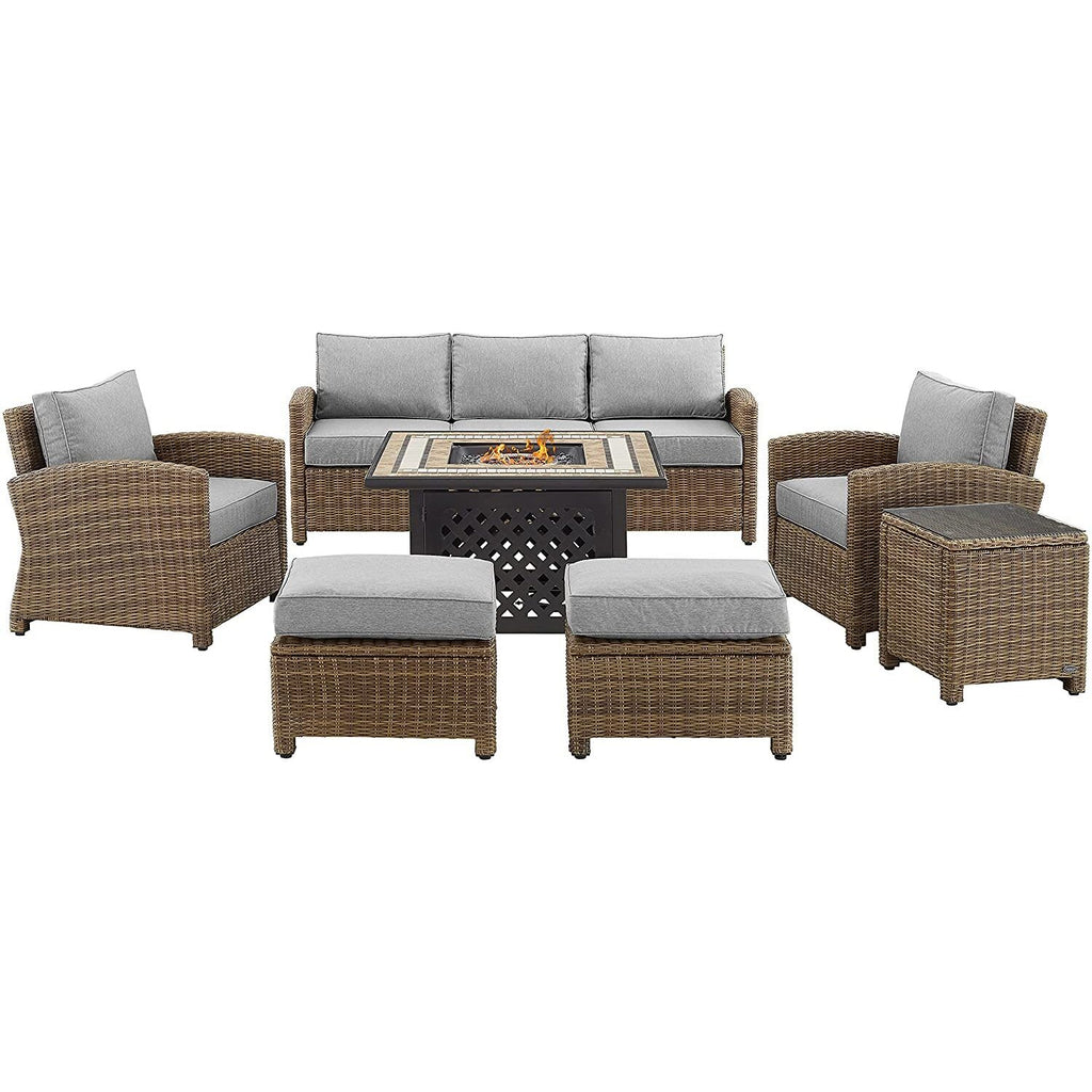 Gray Weathered Brown Outdoor Wicker Sofa Set with Fire Table P96615