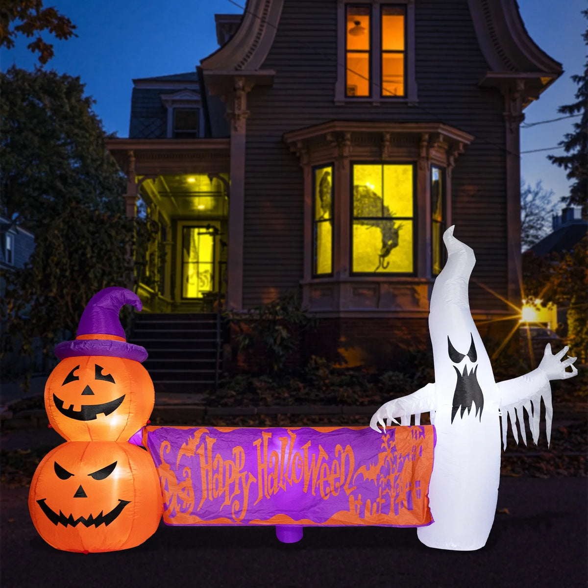 8FT Halloween Inflatables Outdoor Decoration Ghost Pumpkin Holding Happy Halloween Banner with Built-in Lights C680110