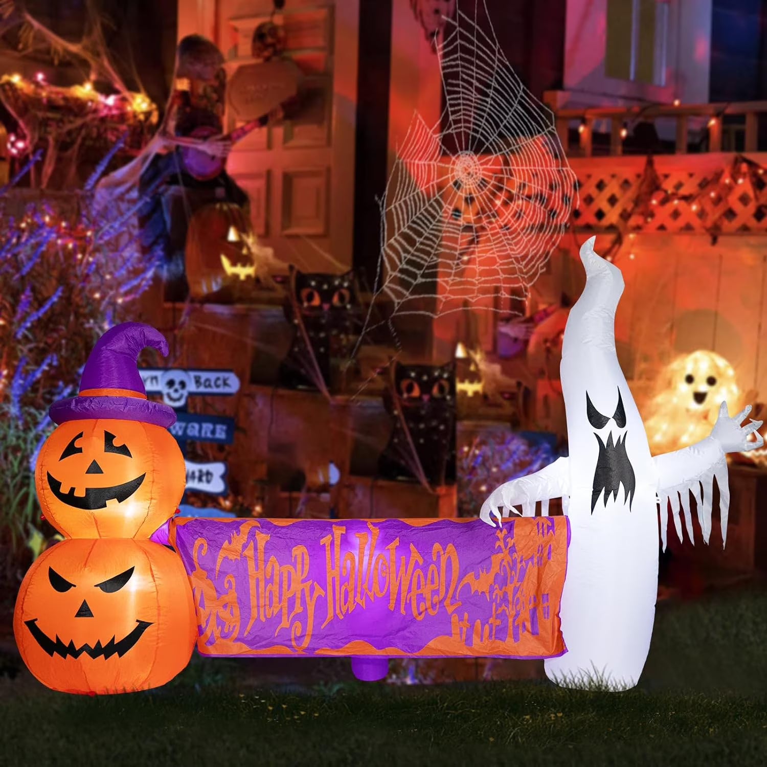 8FT Halloween Inflatables Outdoor Decoration Ghost Pumpkin Holding Happy Halloween Banner with Built-in Lights C680110