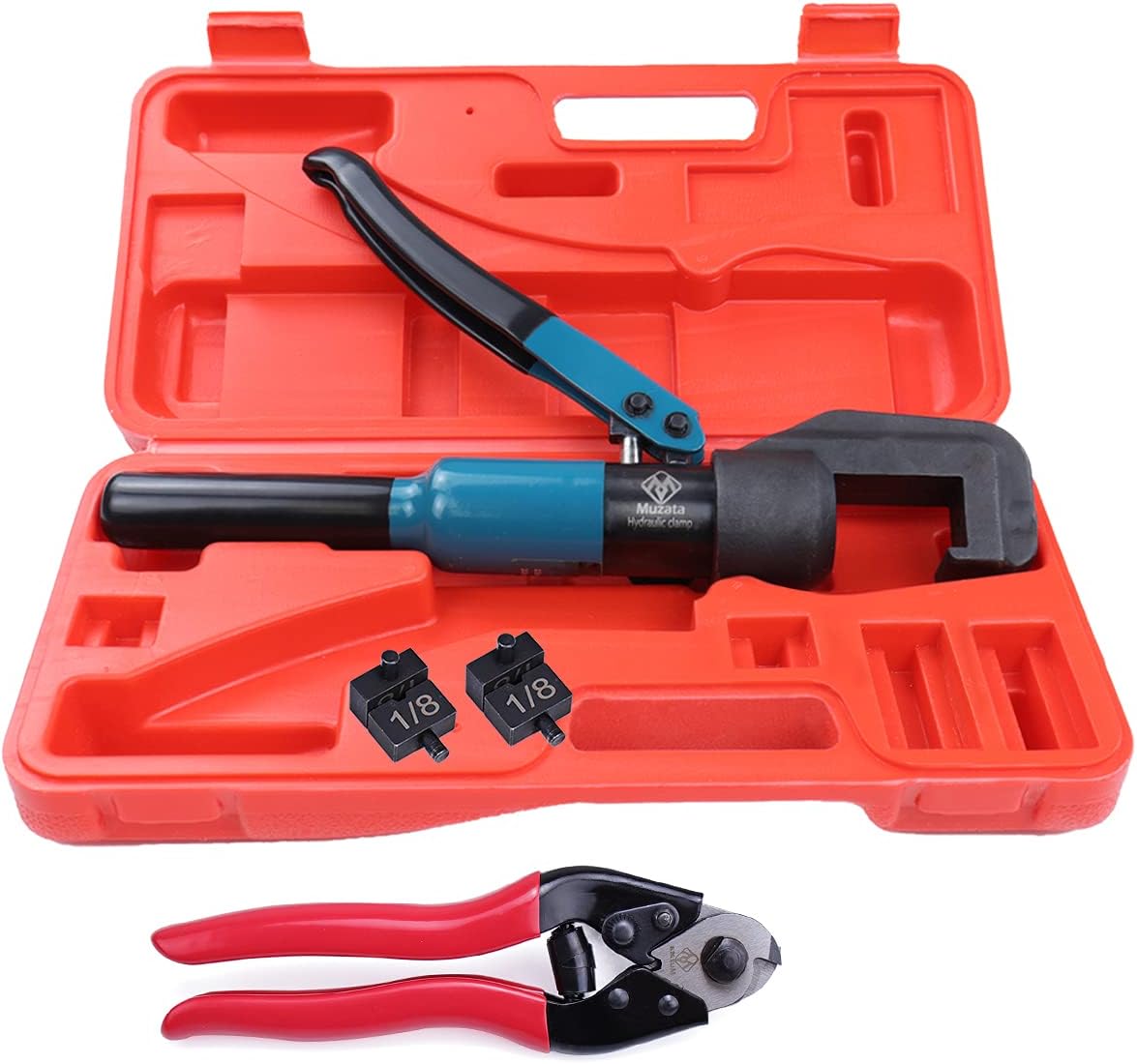 45ton Hydraulic Hand Crimper Tool for 1/8" Stainless Steel Cable Railing Hardware Wire Rope Swaging with Wire Cable Cutter H5203