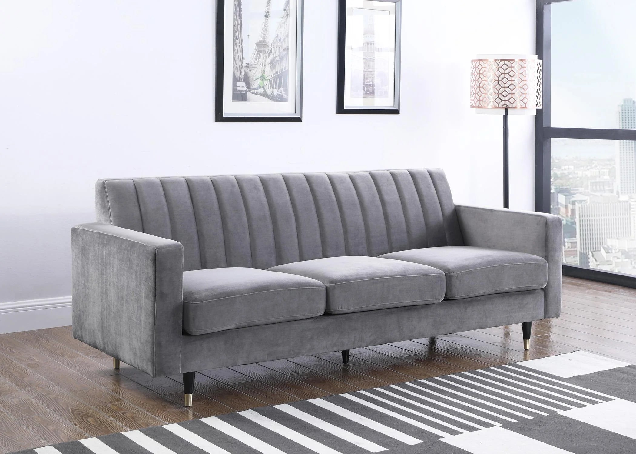 Grey Velvet Channel Tufting Sofa Set 2Pcs C92747
