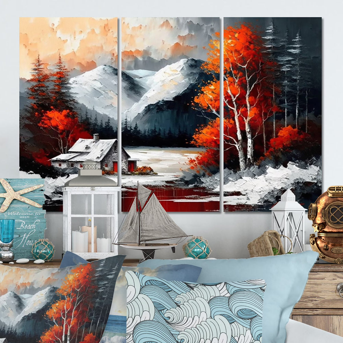 Cabin In The Woods In Winter V Lake House Cottage Canvas Art Print - 3 Panels 36 in. wide x 28 in. high R826