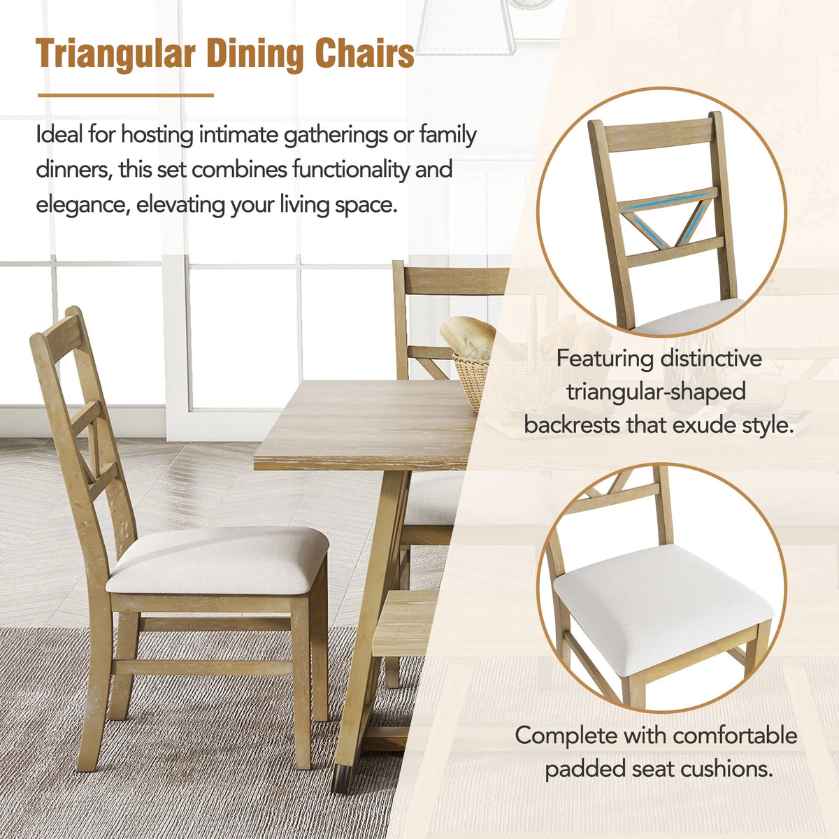 Farmhouse Wood Rectangular Dining Table with Cross Legs, 4 Upholstered Chairs and Bench K3820