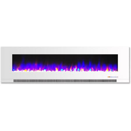 White Wall-Mount Electric Fireplace with Multi-Color Flames and Crystal Rock Display A16774