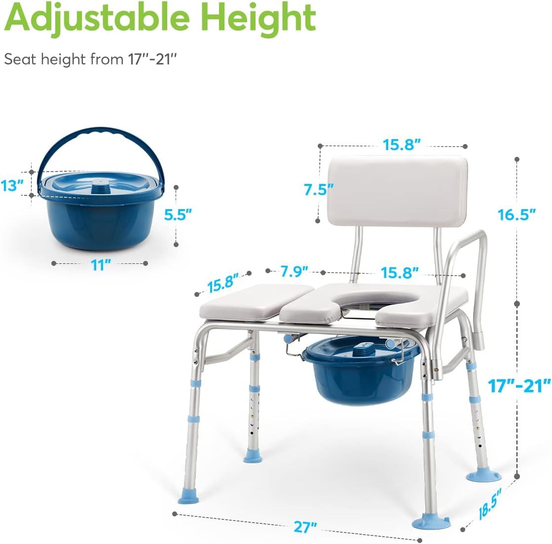 Bathtub Transfer Bench with Commode Opening, Padded Shower Bench with Removable Backrest & Adjustable Legs N946