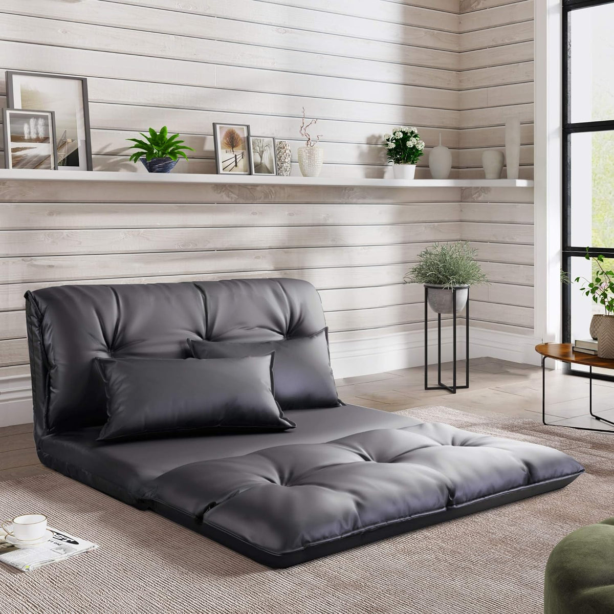 Adjustable Floor Sofa Bed with 2 Pillows, 5 Reclining Position, Black G36901