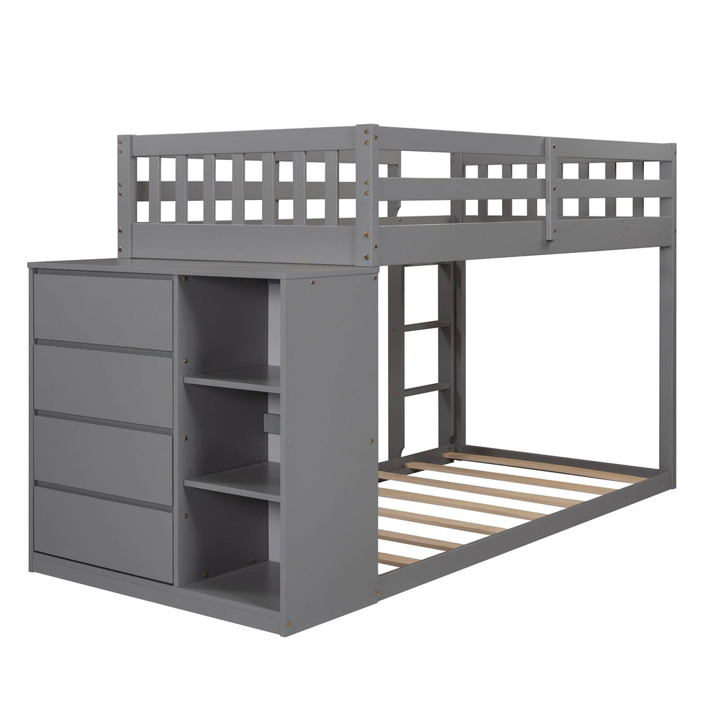 Gray Twin Over Twin Bunk Bed with 4 Drawer Storage Cabinet W64664