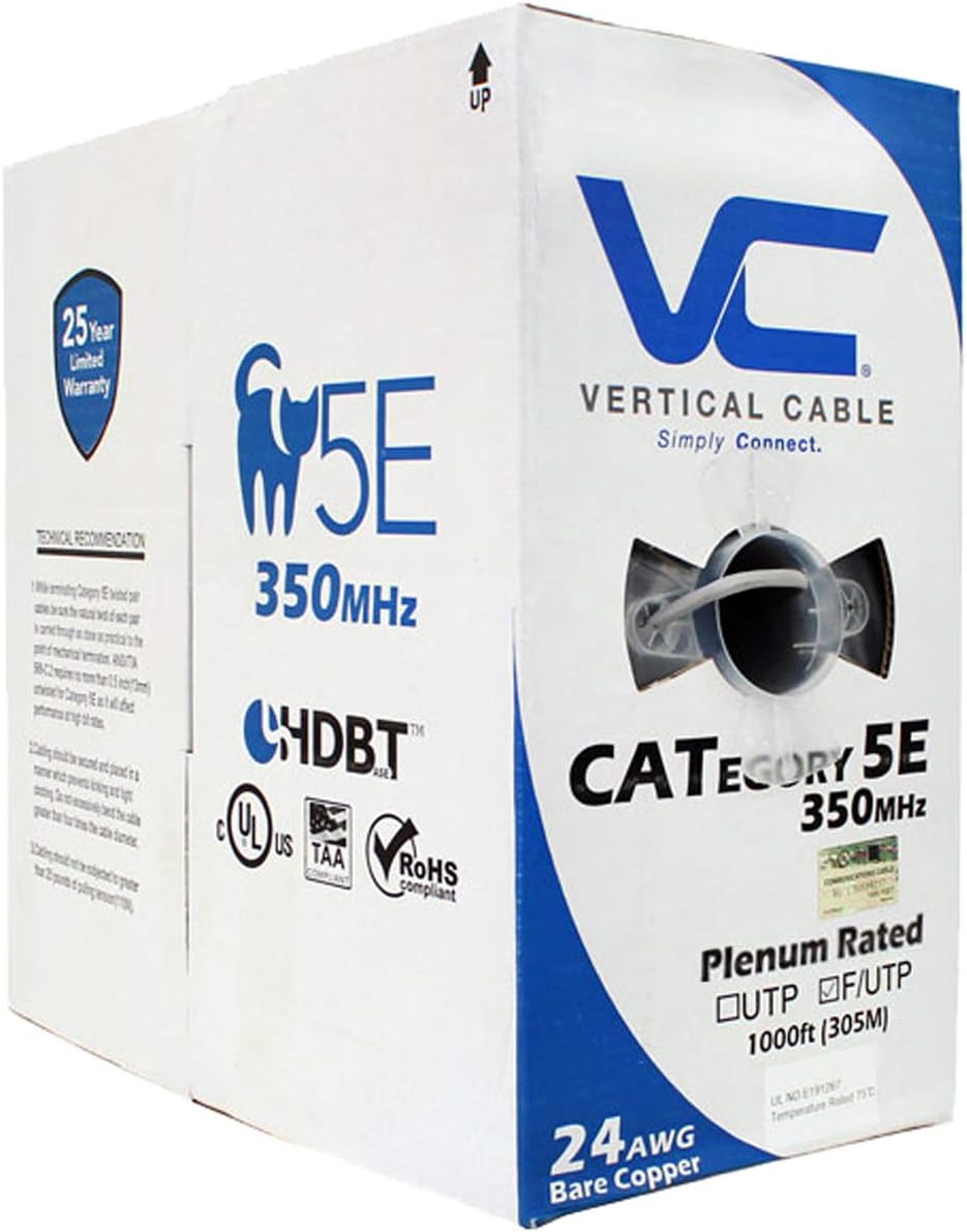 Cat5e Shielded 24AWG Solid Bare Copper Plenum 1000ft Bulk Ethernet Cable White L719