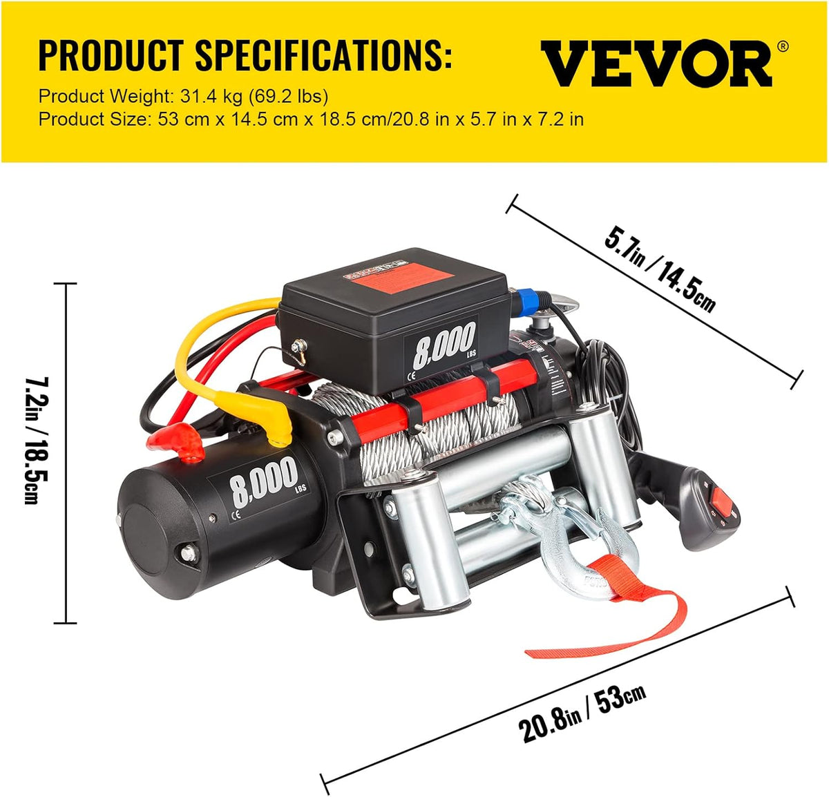 8000lb 12V Electric Winch with Wireless Remote Control Steel Cable V372