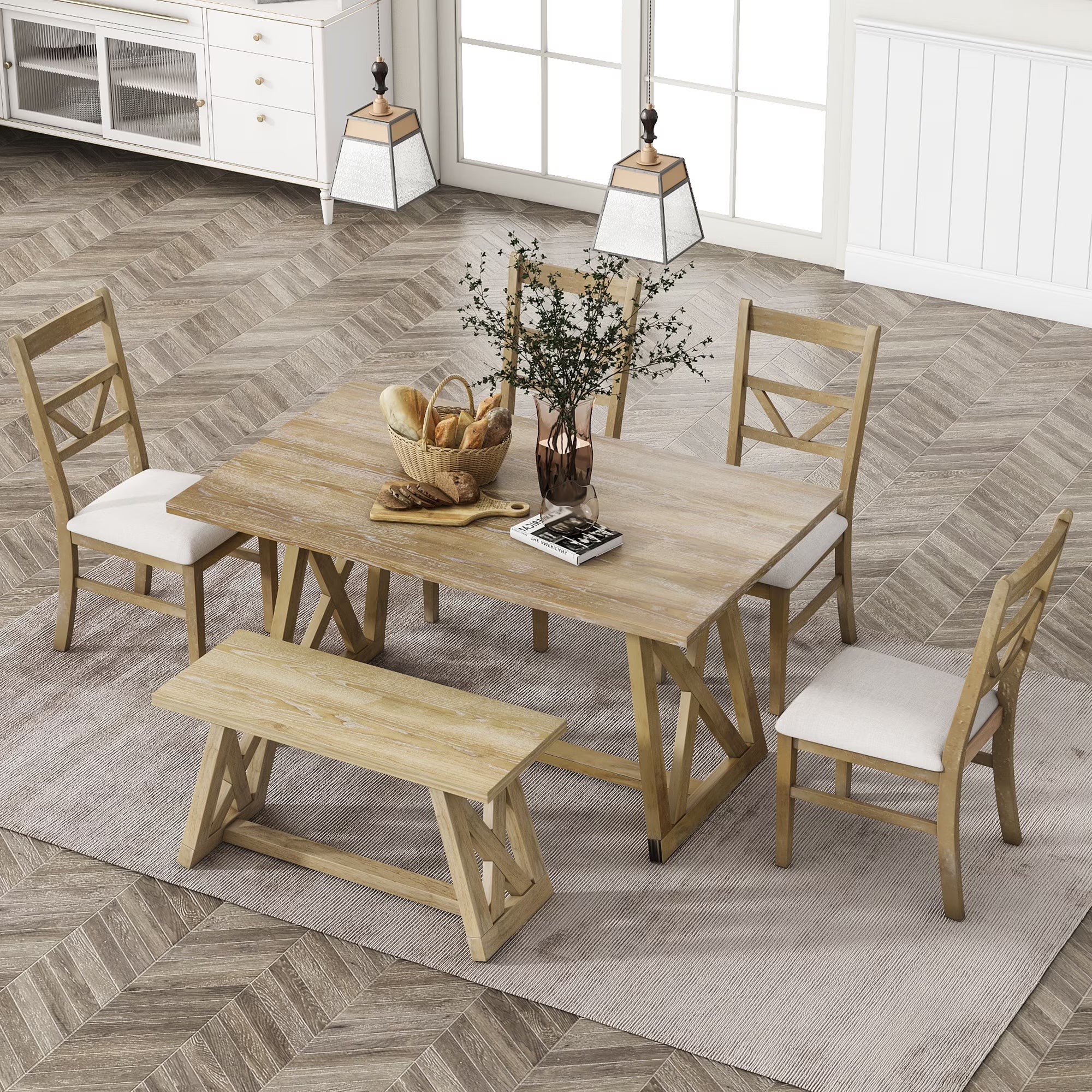 Farmhouse Wood Rectangular Dining Table with Cross Legs, 4 Upholstered Chairs and Bench K3820