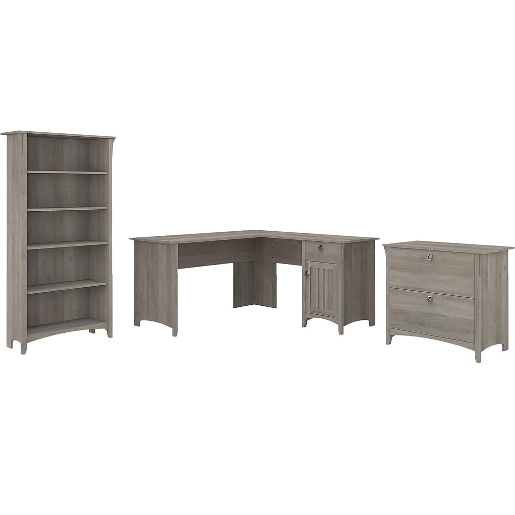 L Shaped Desk with Lateral File Cabinet and 5 Shelf Bookcase, Driftwood Gray V750826