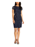 Navy Beaded Short Sleeve Boat Neck Sheath Dress 6 Y649380