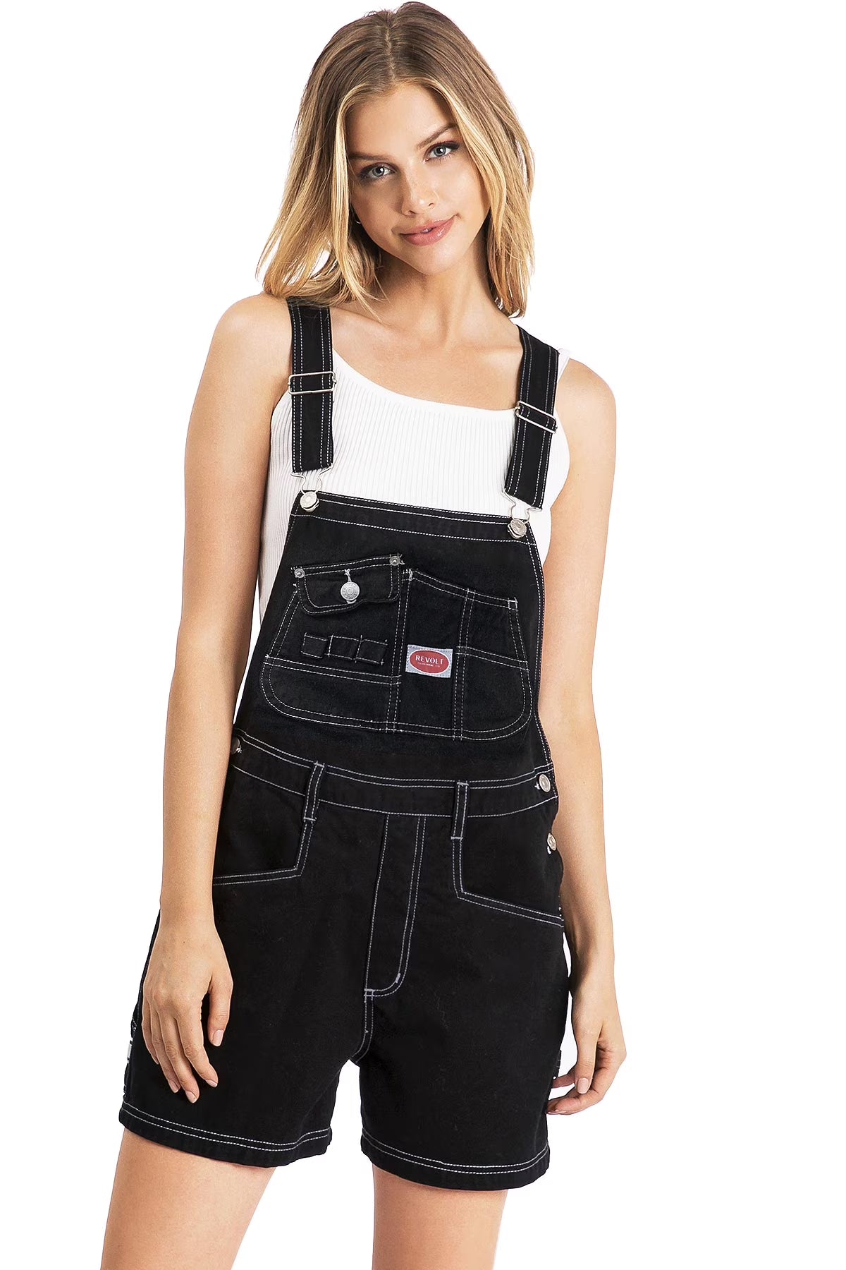 Black/White Stitch Twill Short Overalls E4613