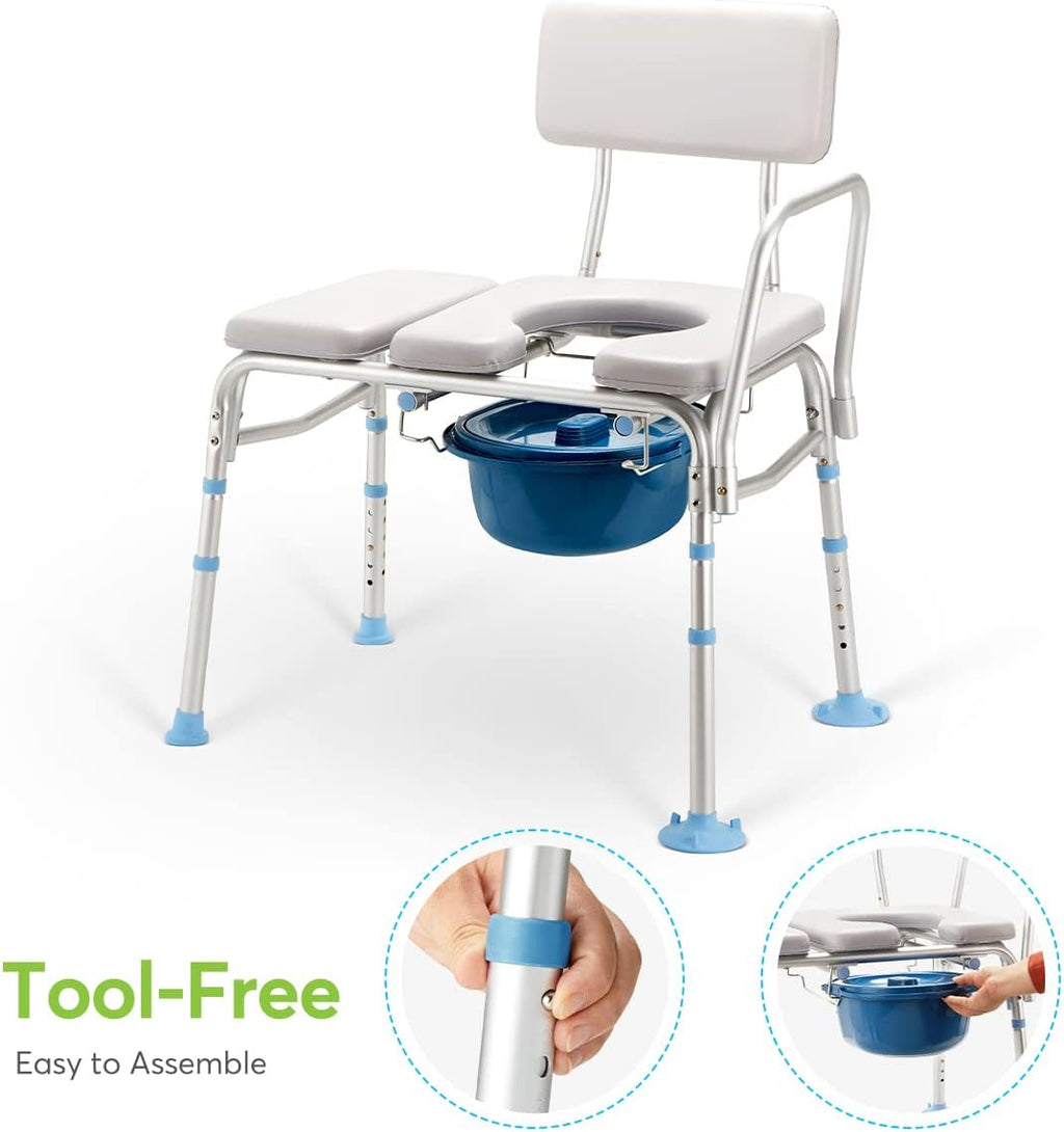Bathtub Transfer Bench with Commode Opening, Padded Shower Bench with Removable Backrest & Adjustable Legs N946