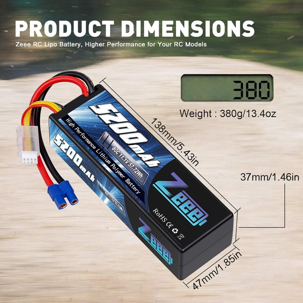 3S Lipo Battery 5200mAh 11.1V 80C with EC3 Plug Hard Case Battery (2 Pack) M721950