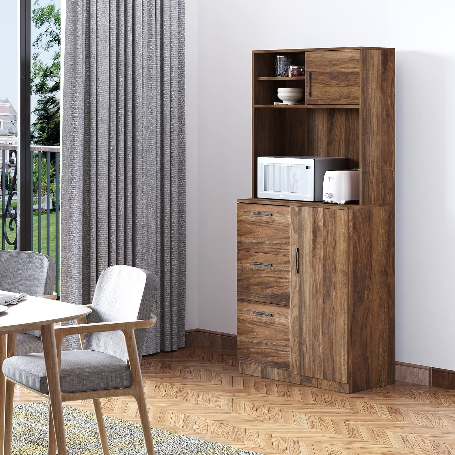 Walnut Kitchen Buffet Hutch with 3 Drawers and Sliding Door O75232