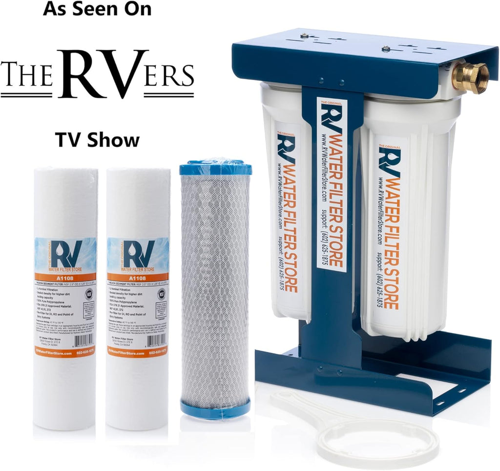 RV Water Filter System with Universal Blue Cage Mounting Bracket and Brass Hose Fittings X4663