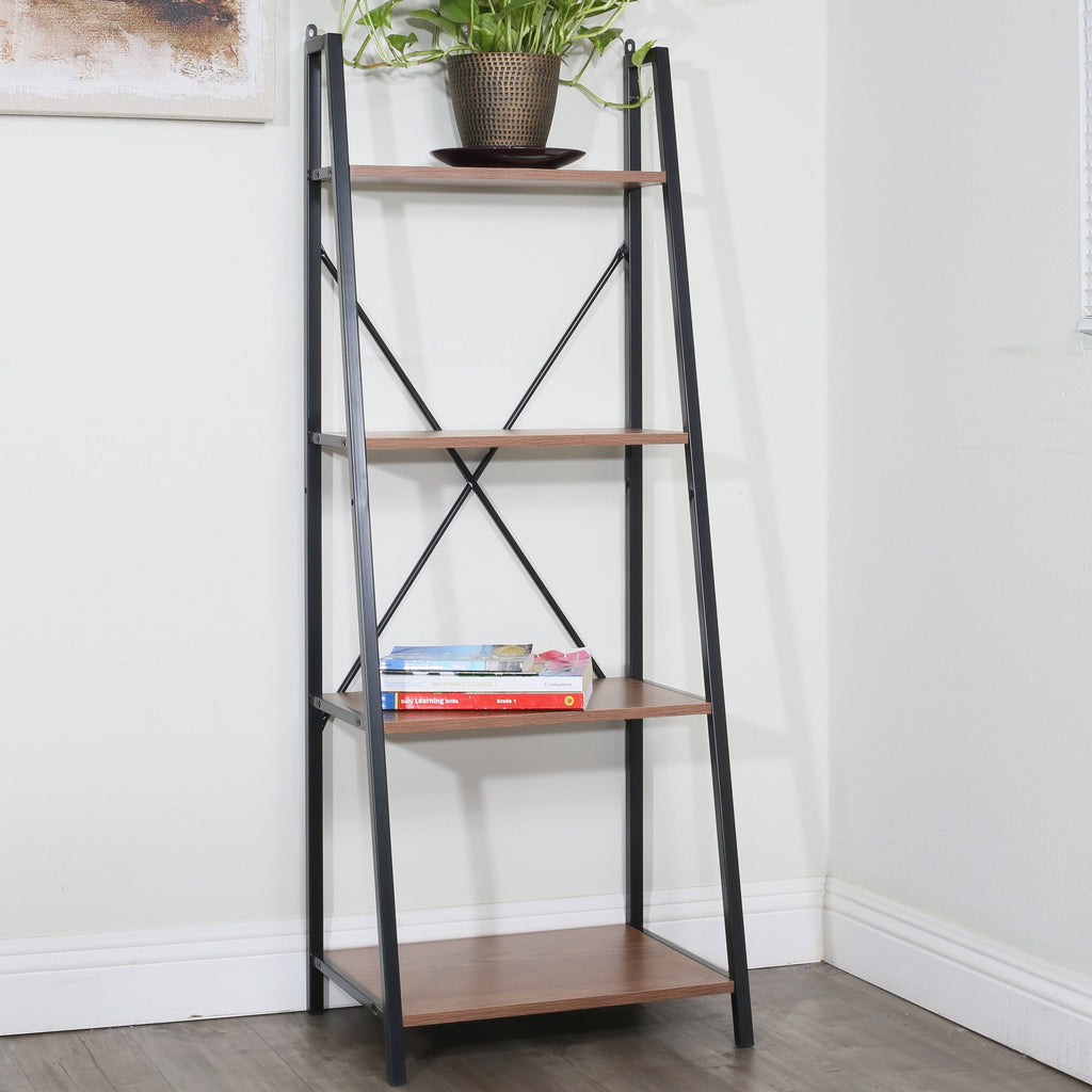Walnut Ladder Bookshelf with Black Frame Y99632