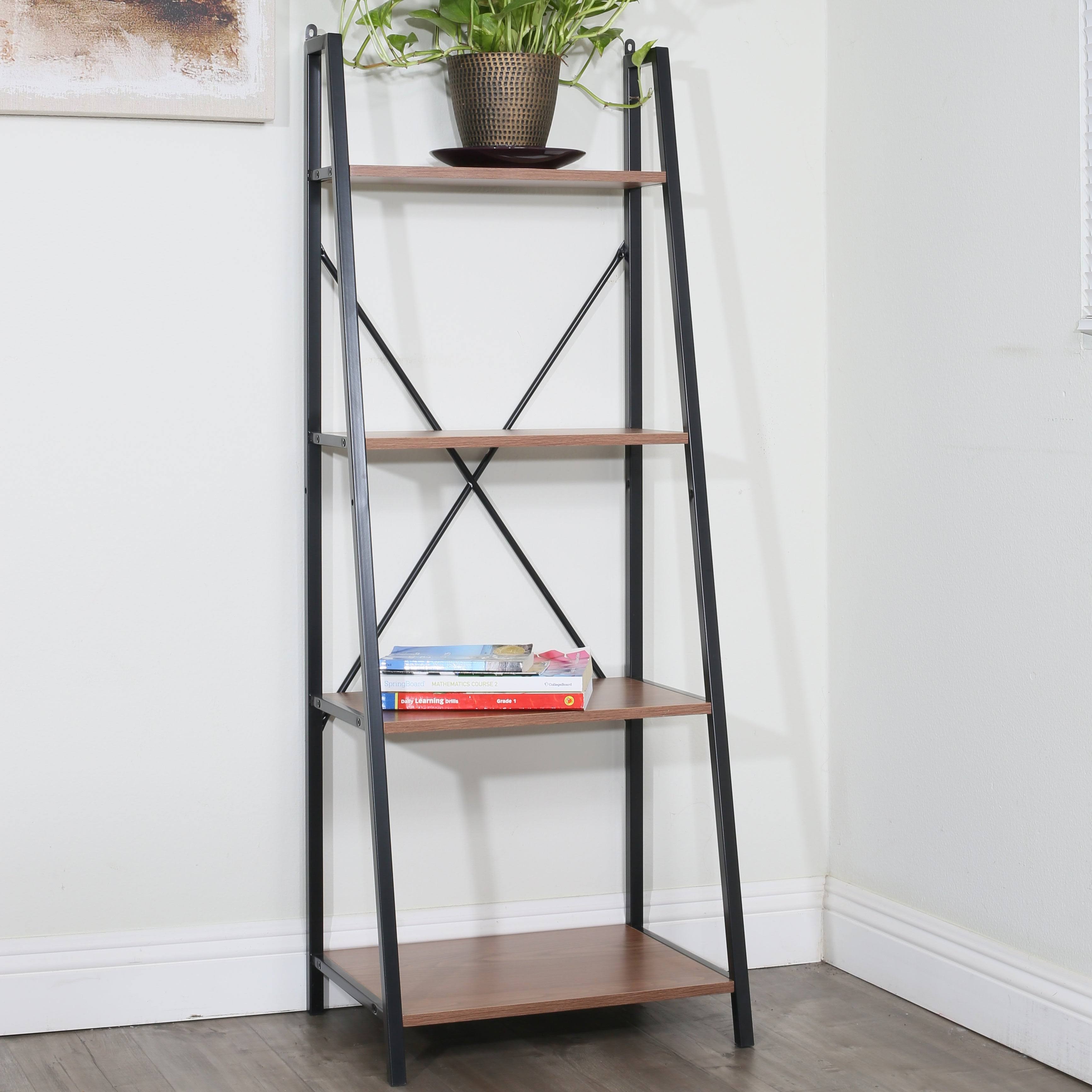 Walnut Ladder Bookshelf with Black Frame Y99632