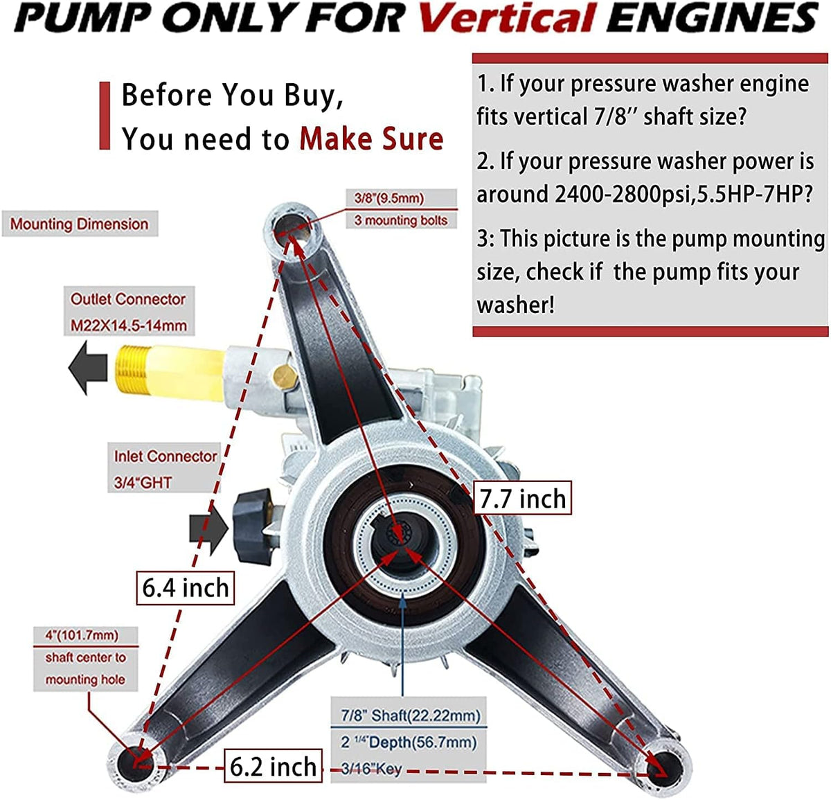 Vertical Pressure Washer Pump, 7/8'' Shaft, 2400-2800PSI F174