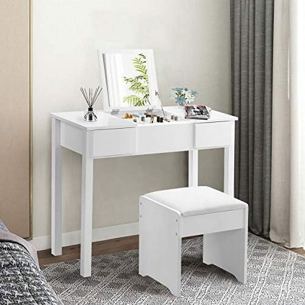 White Vanity Set with Flip Top Mirror and Cushioned Stool E7305