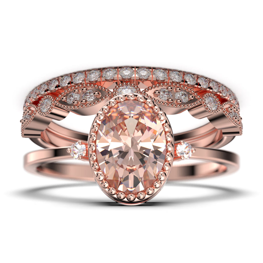 2.35 Carat Oval Cut Morganite And Diamond Moissanite Engagement Ring In 925 Sterling Silver With 18k Rose Gold Plating C4324