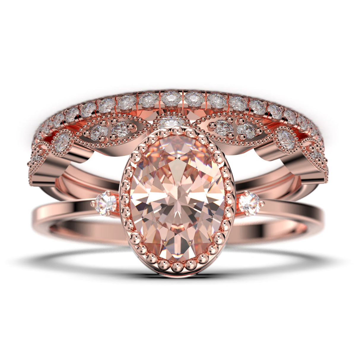 2.35 Carat Oval Cut Morganite And Diamond Moissanite Engagement Ring In 925 Sterling Silver With 18k Rose Gold Plating C4324
