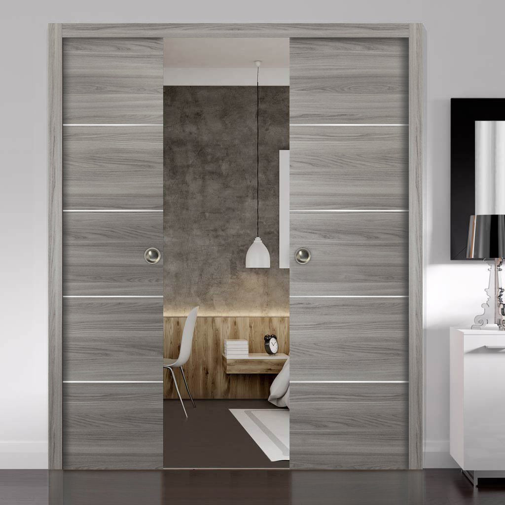 Sliding Grey Doors 48 x 80 with Strips A3072