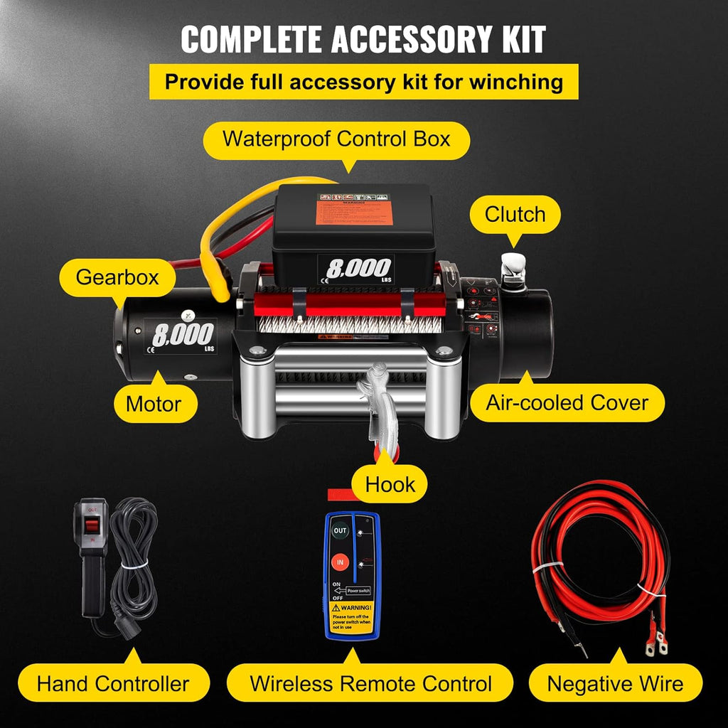 8000lb 12V Electric Winch with Wireless Remote Control Steel Cable V372