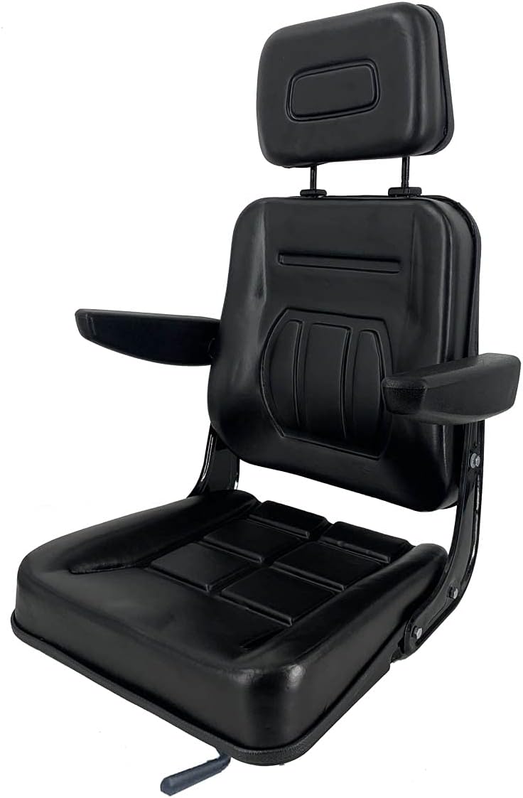 Suspension Seat with Adjustable Backrest Headrest Forklift Seat Replacement with Fold Up Armrests, Black G26943