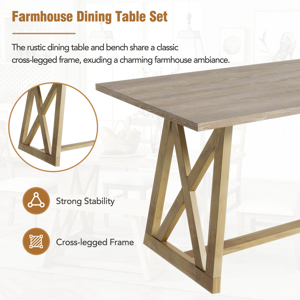 Farmhouse Wood Rectangular Dining Table with Cross Legs, 4 Upholstered Chairs and Bench K3820