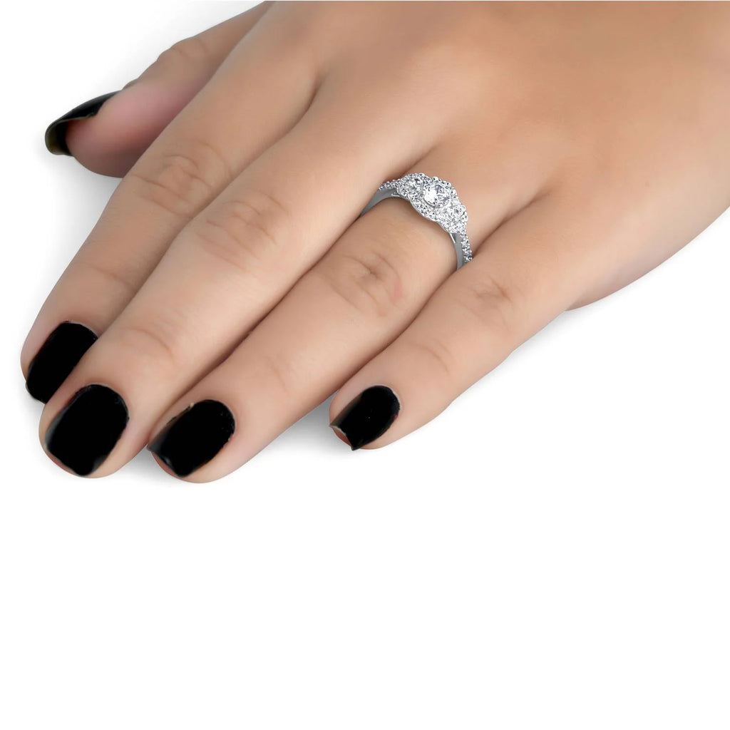 7/8 Carat 3-Stone Halo Diamond Engagement Ring White Gold P58142