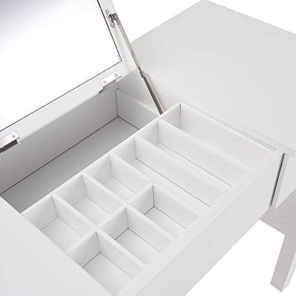 White Vanity Set with Flip Top Mirror and Cushioned Stool E7305