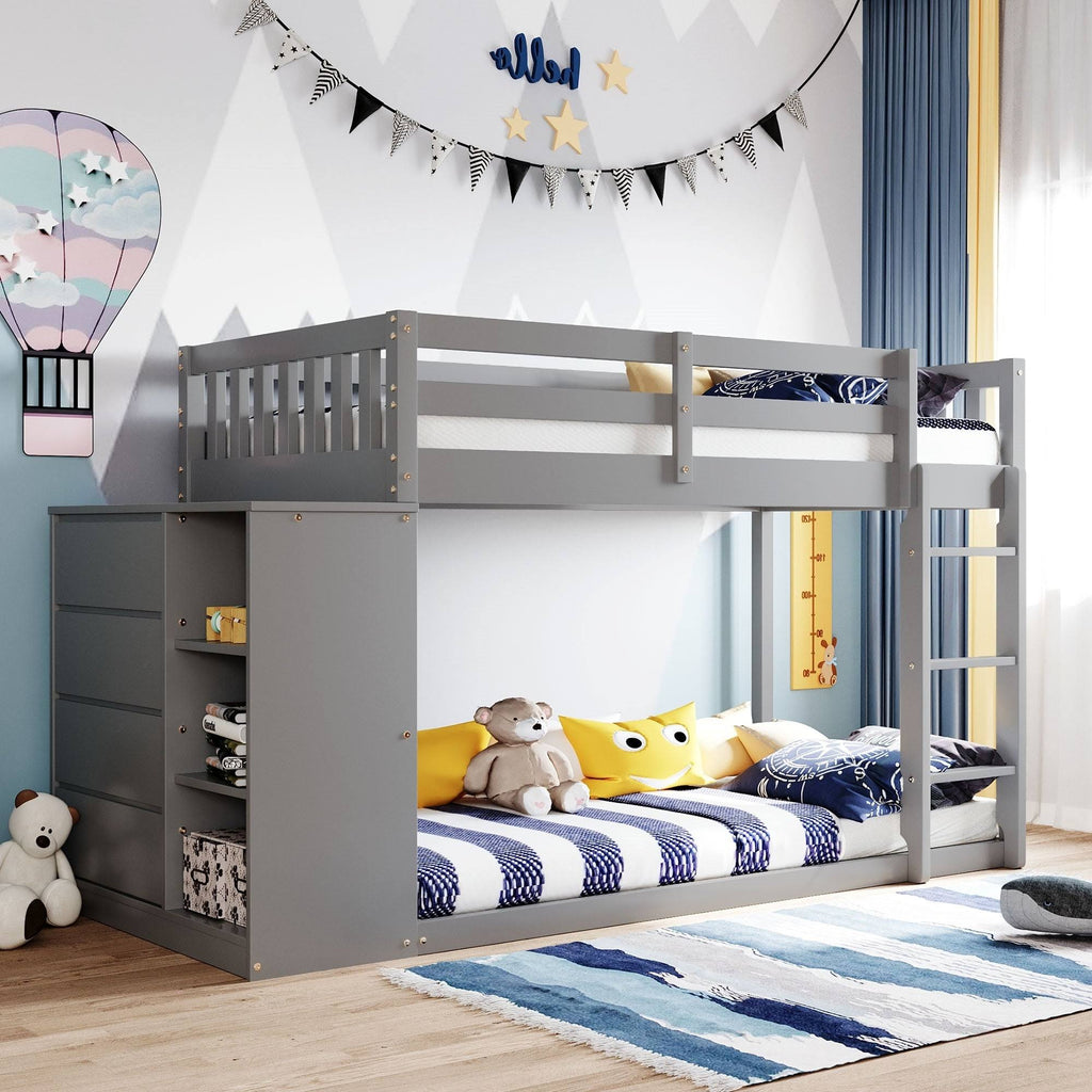Gray Twin Over Twin Bunk Bed with 4 Drawer Storage Cabinet W64664