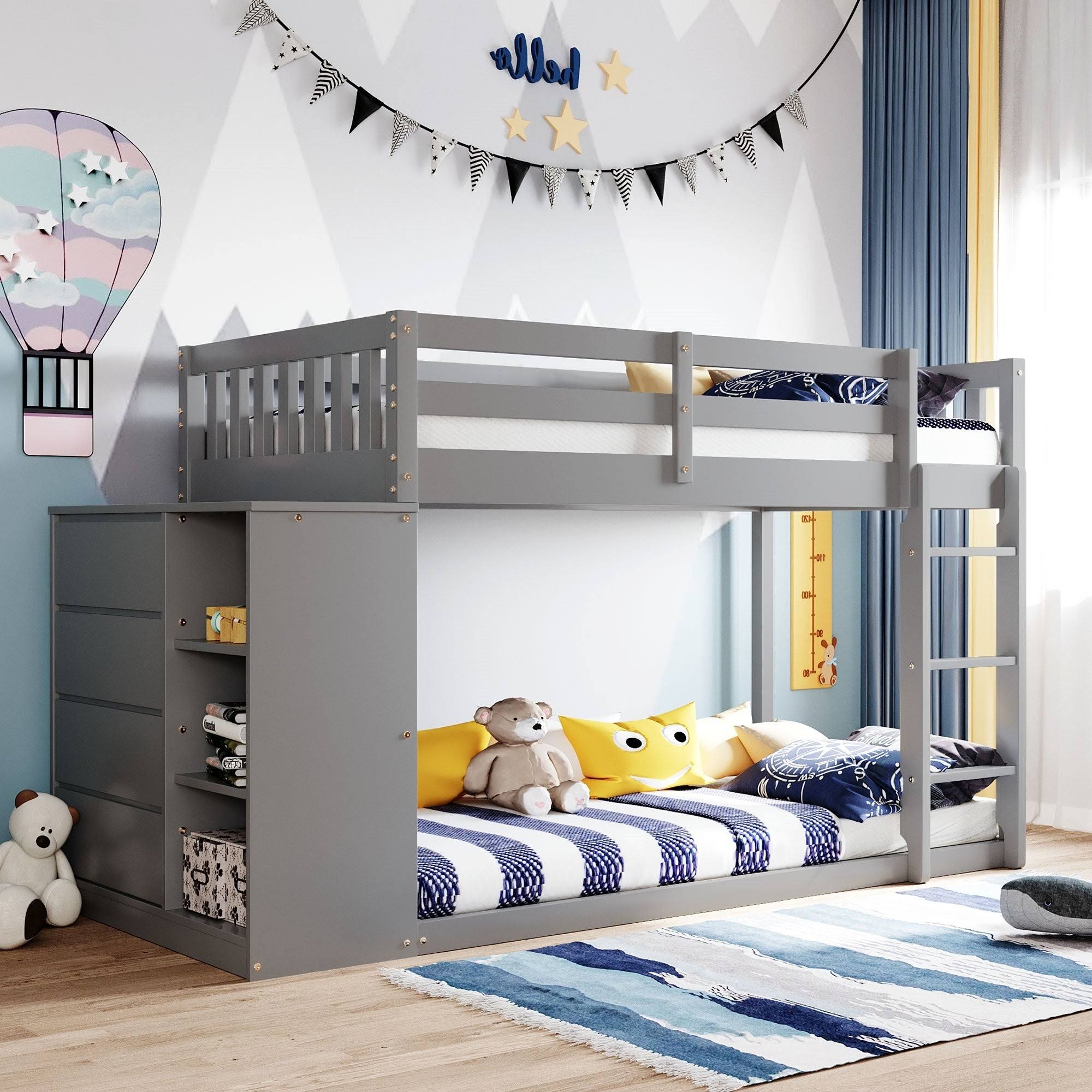 Gray Twin Over Twin Bunk Bed with 4 Drawer Storage Cabinet W64664
