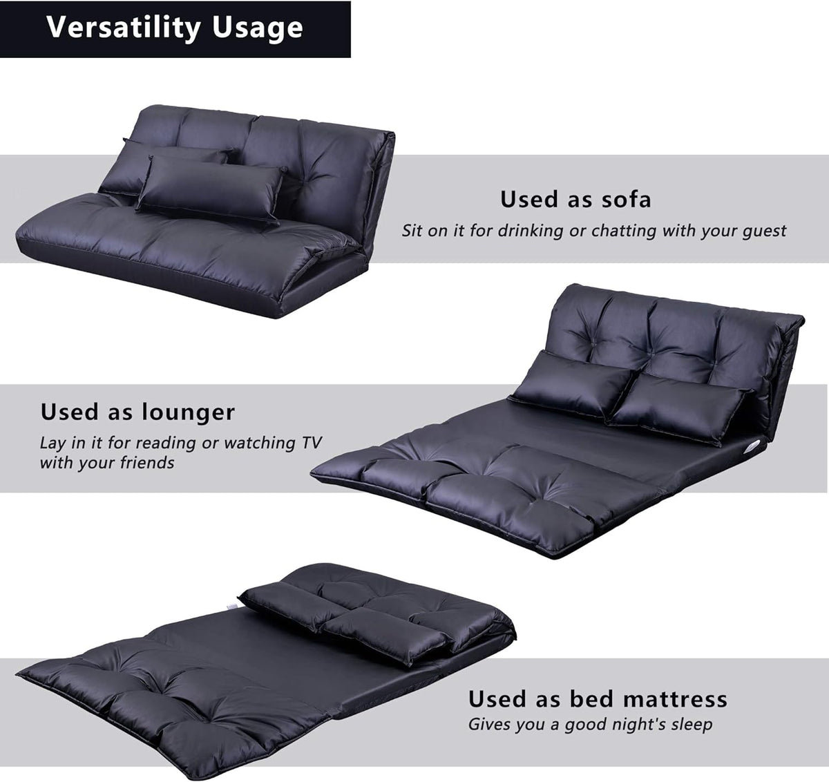 Adjustable Floor Sofa Bed with 2 Pillows, 5 Reclining Position, Black G36901