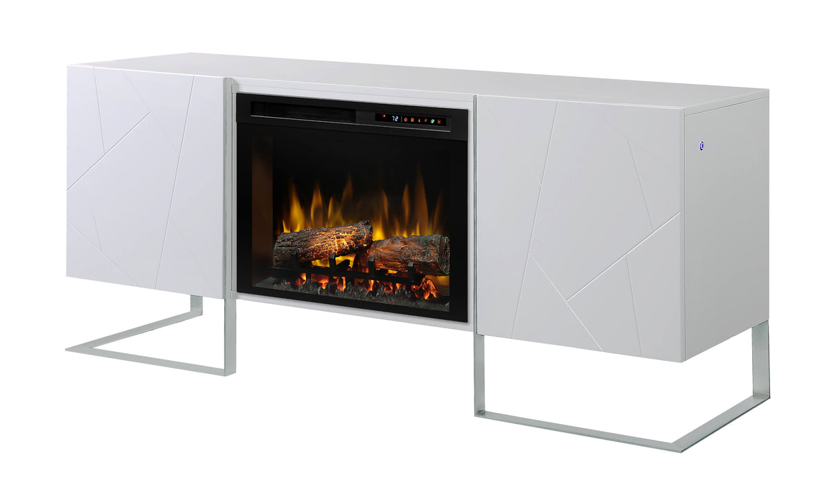 Gloss White Media Console Fireplace with Logs W896020