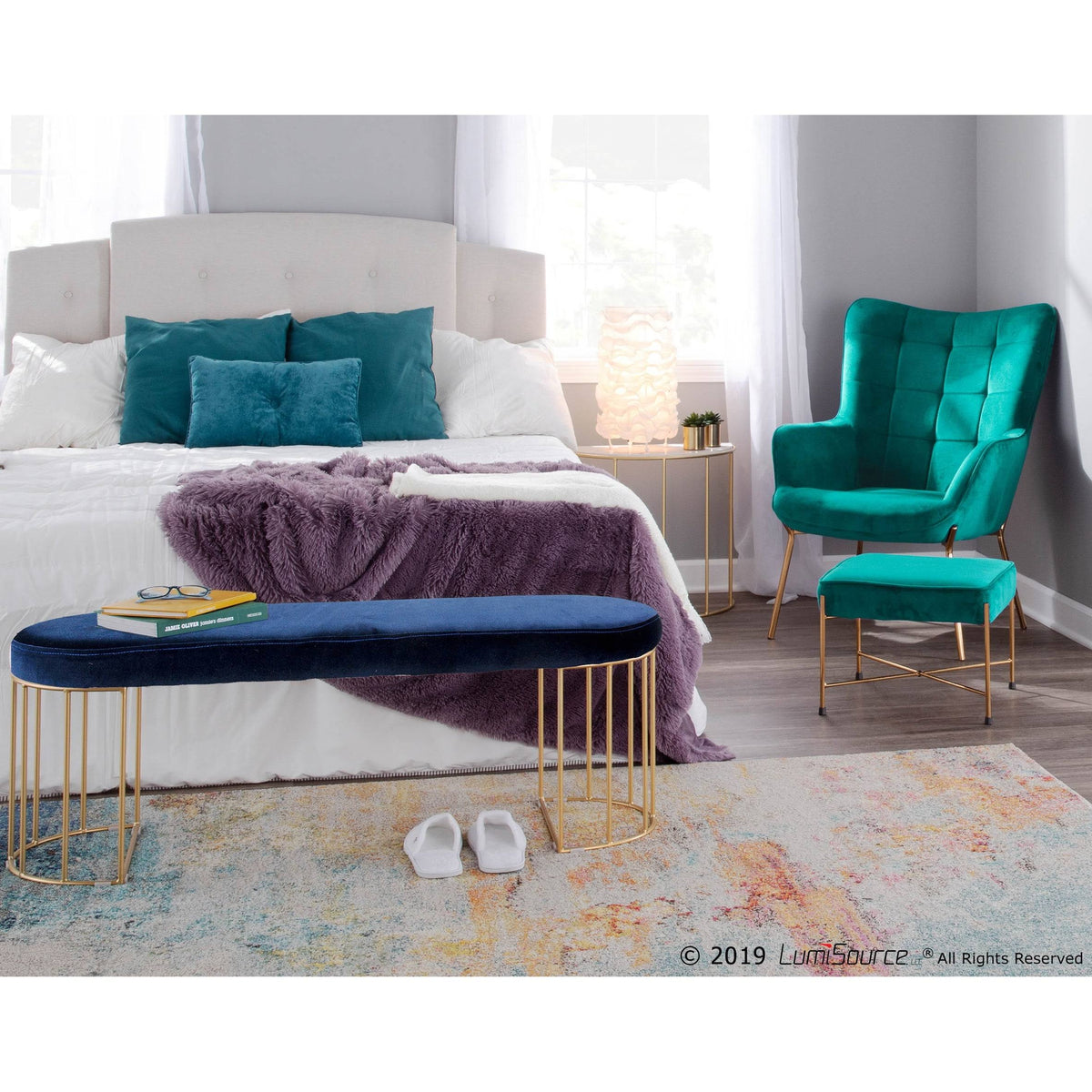 Gold and Green Velvet Dining Bench Z8568