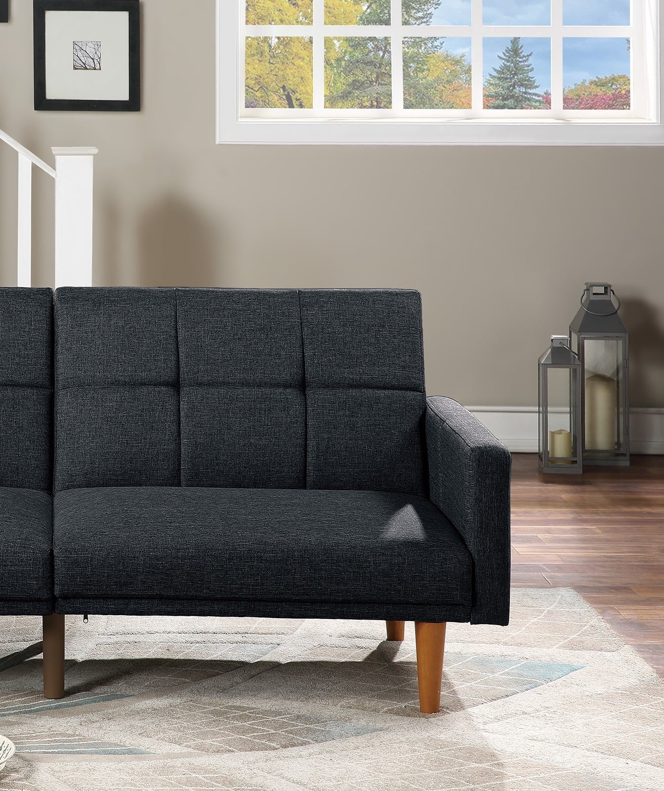 Black Polyfiber Convertible Sofa Couch Bed with Wooden Legs H54137
