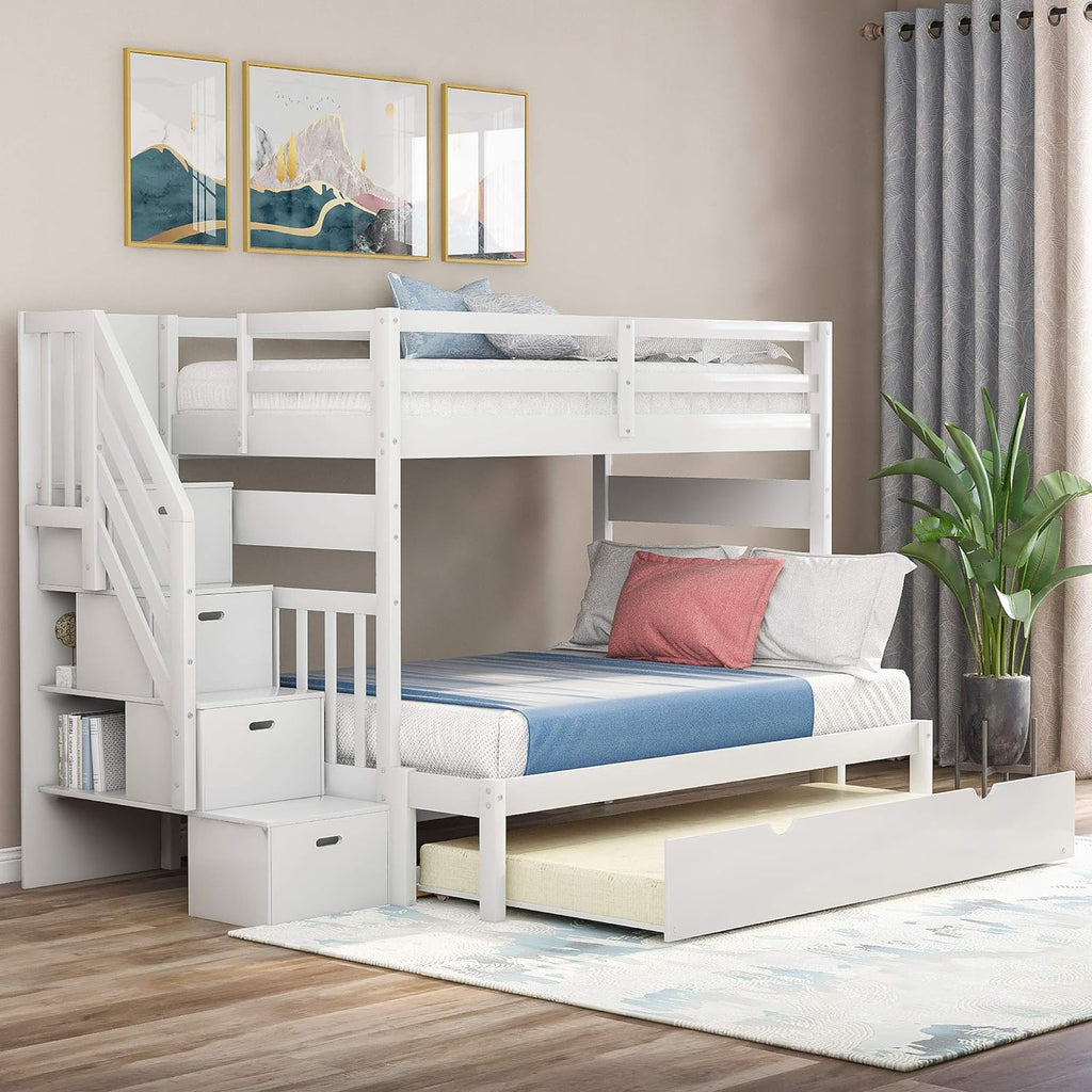 White Twin Over Twin Bunk with Trundle, 4 Drawers, and 3 Shelves C4736