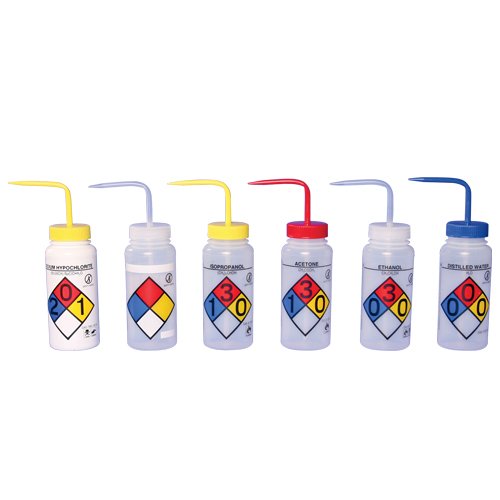 4-Color Wide-Mouth Wash Bottles, 500ml (16oz), Polyethylene, Pack of 4 N608123