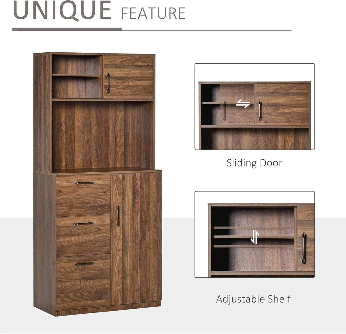 Walnut Kitchen Buffet Hutch with 3 Drawers and Sliding Door O75232