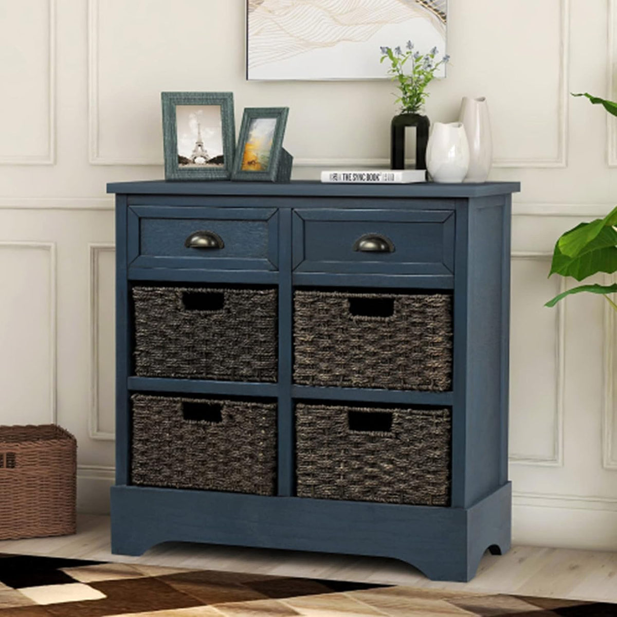 Antique Navy Wood Storage Chest with 2 Drawers and 4 Baskets X187