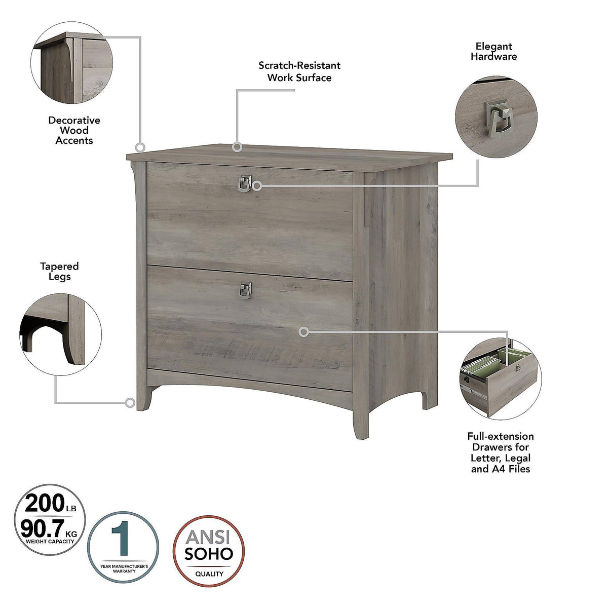 L Shaped Desk with Lateral File Cabinet and 5 Shelf Bookcase, Driftwood Gray V750826